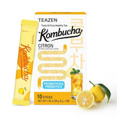 TEAZEN Citron Kombucha Tea, Hydration Drink Mix, Sugar Free, Live Probiotics & Prebiotics, 10 Sticks, 1.76oz