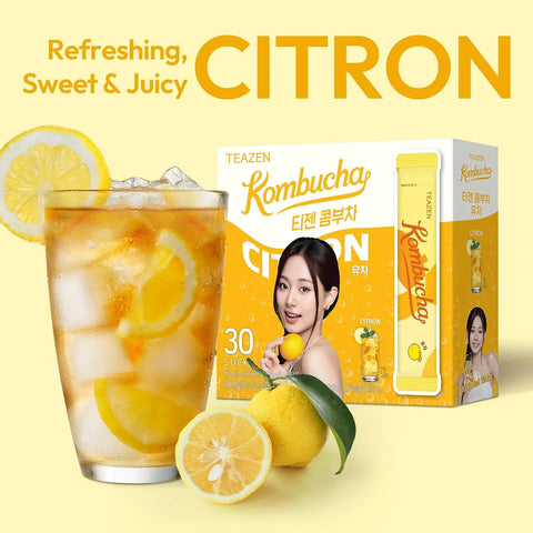 TEAZEN Citron Kombucha Tea, Hydration Drink Mix, Sugar Free, Live Probiotics & Prebiotics, 30 Sticks, 5.29oz