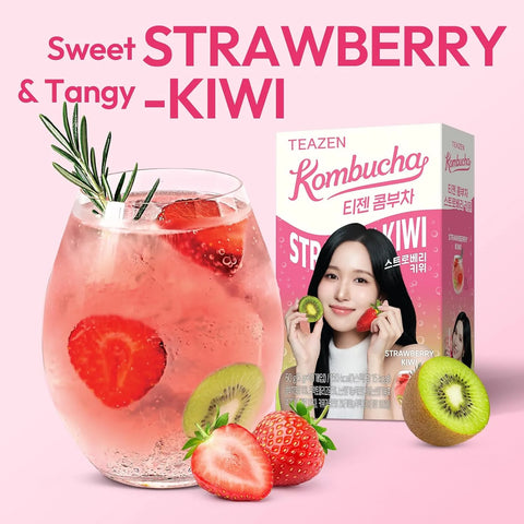 TEAZEN Strawberry&Kiwi Kombucha Powder, Hydration Drink Mix, Sugar Free, Live Probiotics & Prebiotics, On-the-Go 10 Packets, 1.76oz