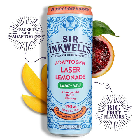 Sir Inkwell's Adaptogen Lemonade | Healthful Energy + Productivity 150 mg Organic Caffeine | 300mg Ashwagandha Reishi Ginseng | Non-GMO Certified | Blood Orange & Mango Flavor