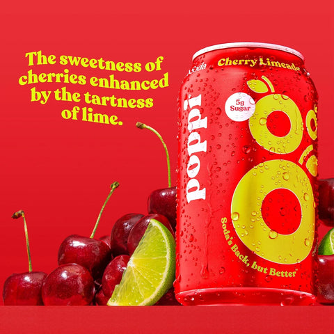 Poppi Sparkling Prebiotic Soda Beverage with Apple Cider Vinegar, Seltzer Water and Fruit Juice, Cherry Limeade Flavor, 12 Fl Oz, 1 Count, Packaging May Vary (Pack of 6)