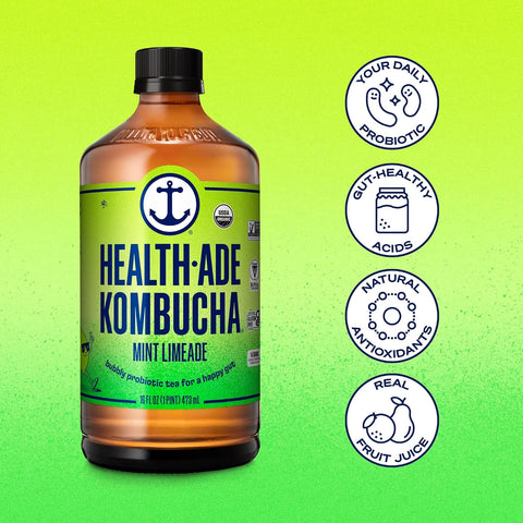 Health-Ade Kombucha Tea Organic Drink, Fermented Tea with Living Probiotics, Detoxifying Acids, Supports Gut Health, Non-GMO, Vegan, Gluten Free, 12 Pack (16 Fl Oz Bottles), Mint Limeade