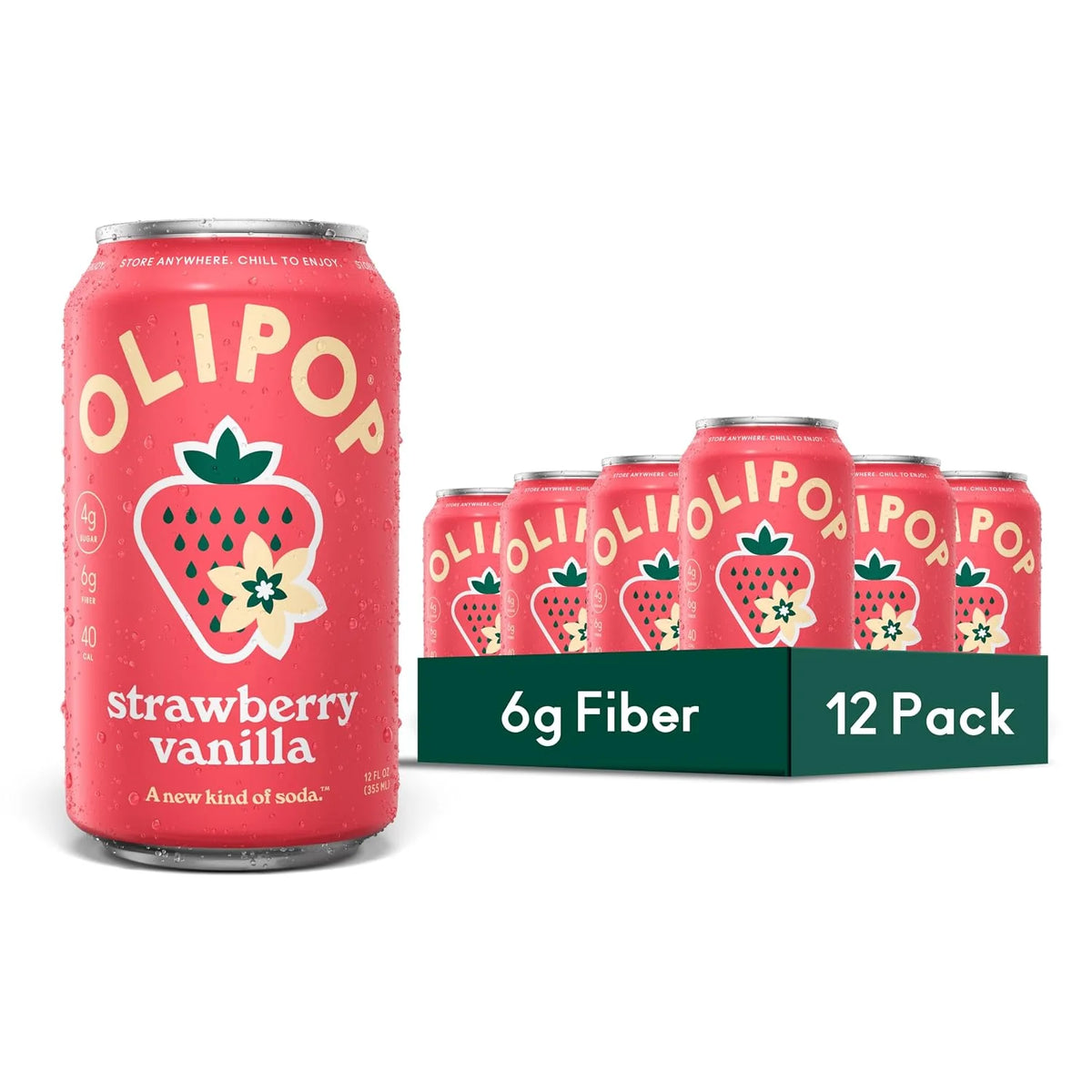 OLIPOP 6g Fiber Prebiotic Soda, Strawberry Vanilla, 12 fl oz, 12 Pack