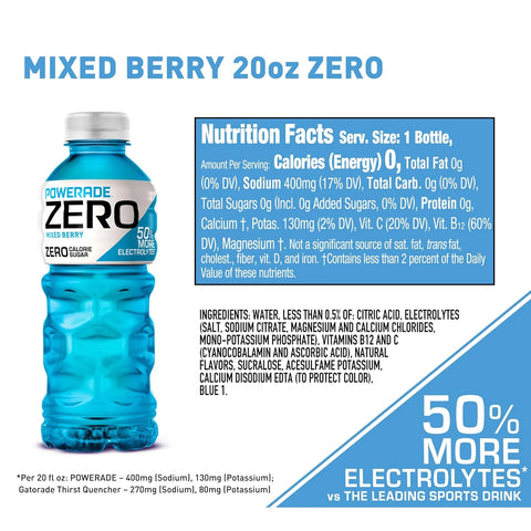POWERADE Electrolyte Enhanced Zero Sugar Mixed Berry Sports Drink, 20 Ounce (Pack of 8)