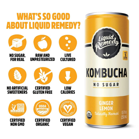 Liquid Remedy Kombucha Sugar Free Organic Drink, Low Calorie, Probiotic Like Tea for Gut Health - Ginger Lemon - 8.5 Fl Oz Can, 24-Pack