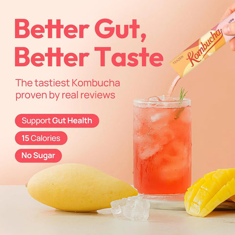 TEAZEN Mango Guava Kombucha Powder, Hydration Drink Mix, Sugar Free, Live Probiotics & Prebiotics, On-the-Go 10 Packets, 1.76oz