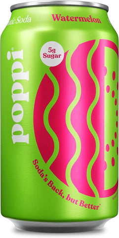 Poppi Sparkling Prebiotic Soda Beverage with Apple Cider Vinegar, Seltzer Water and Fruit Juice, Watermelon Flavor, 12 Fl Oz, 1 Count, Packaging May Vary (Pack of 6)