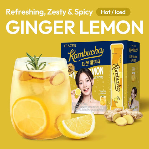 TEAZEN Lemon Ginger Hot Kombucha Tea, Live Probiotics & Postbiotics, Relaxation and Warmth for Colds and Sore Throat, Hydration Drink Mix, Sugar Free, 30 Sticks, 5.29oz