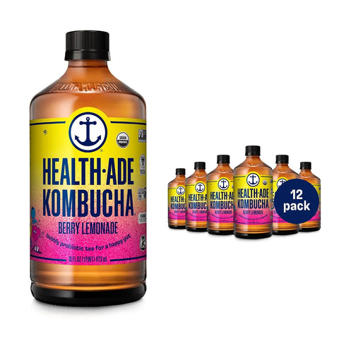Health-Ade Kombucha Tea Organic Drink, Fermented Tea with Living Probiotics, Detoxifying Acids, Supports Gut Health, Non-GMO, Vegan, Gluten Free, 12 Pack (16 Fl Oz Bottles), Berry Lemonade