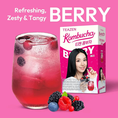 TEAZEN Berry Kombucha Powder, Hydration Drink Mix, Sugar Free, Live Probiotics & Prebiotics, On-the-Go 10 Packets, 1.76oz