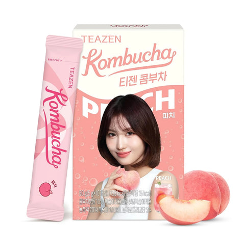 TEAZEN Peach Kombucha Powder, Hydration Drink Mix, Sugar Free, Live Probiotics & Prebiotics, On-the-Go 10 Packets, 1.76oz