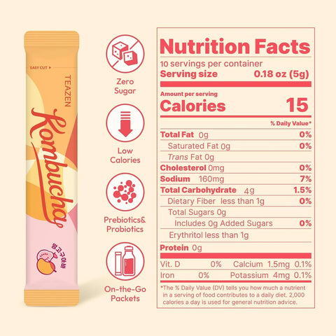 TEAZEN Mango Guava Kombucha Powder, Hydration Drink Mix, Sugar Free, Live Probiotics & Prebiotics, On-the-Go 10 Packets, 1.76oz