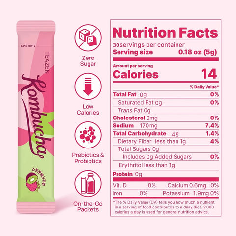 TEAZEN Strawberry Kiwi Kombucha Powder, Hydration Drink Mix, Sugar Free, Live Probiotics & Prebiotics, On-the-Go 30 Packets, 5.29oz