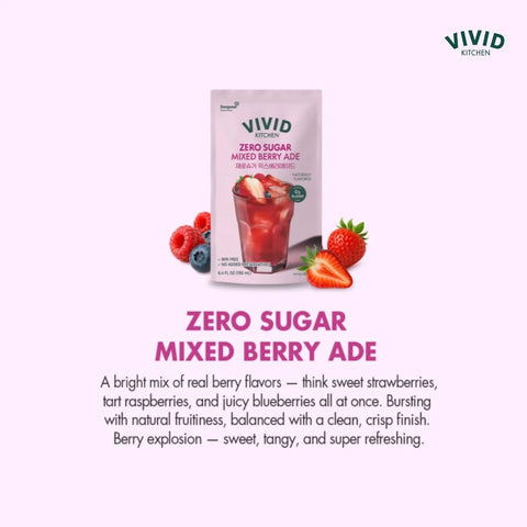 VIVID KITCHEN | Mixed Berry Ade Pouch drinks – Zero Sugar, Zero Calories | Korean Convenience Store Drink | No Artificial Preservatives or Corn Syrup | 6.4 fl oz (10 Pouches) (10 Pouch, Mixed Berry Ade)