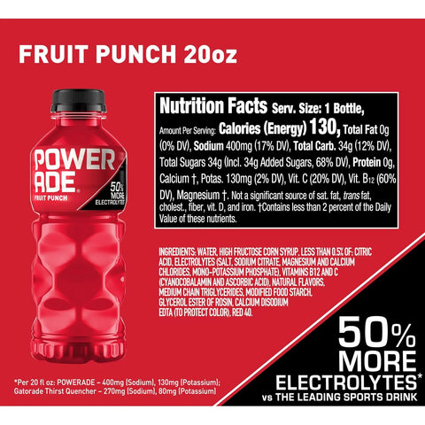 Powerade Fruit Punch, Electrolyte Enhanced Sports Drink, 20 Fl Oz Bottles, 8 Pack
