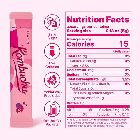 TEAZEN Berry Kombucha Tea, Hydration Drink Mix, Sugar Free, Live Probiotics & Prebiotics, 30 Sticks, 5.29oz