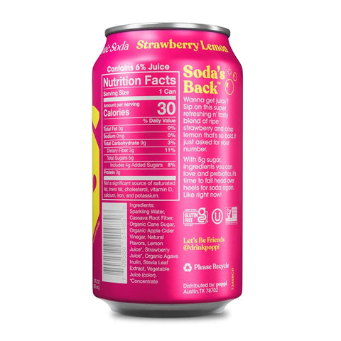 Poppi Sparkling Prebiotic Soda Beverage with Apple Cider Vinegar, Seltzer Water and Fruit Juice, Strawberry Lemon Flavor, 12 Fl Oz, 1 Count, Packaging May Vary