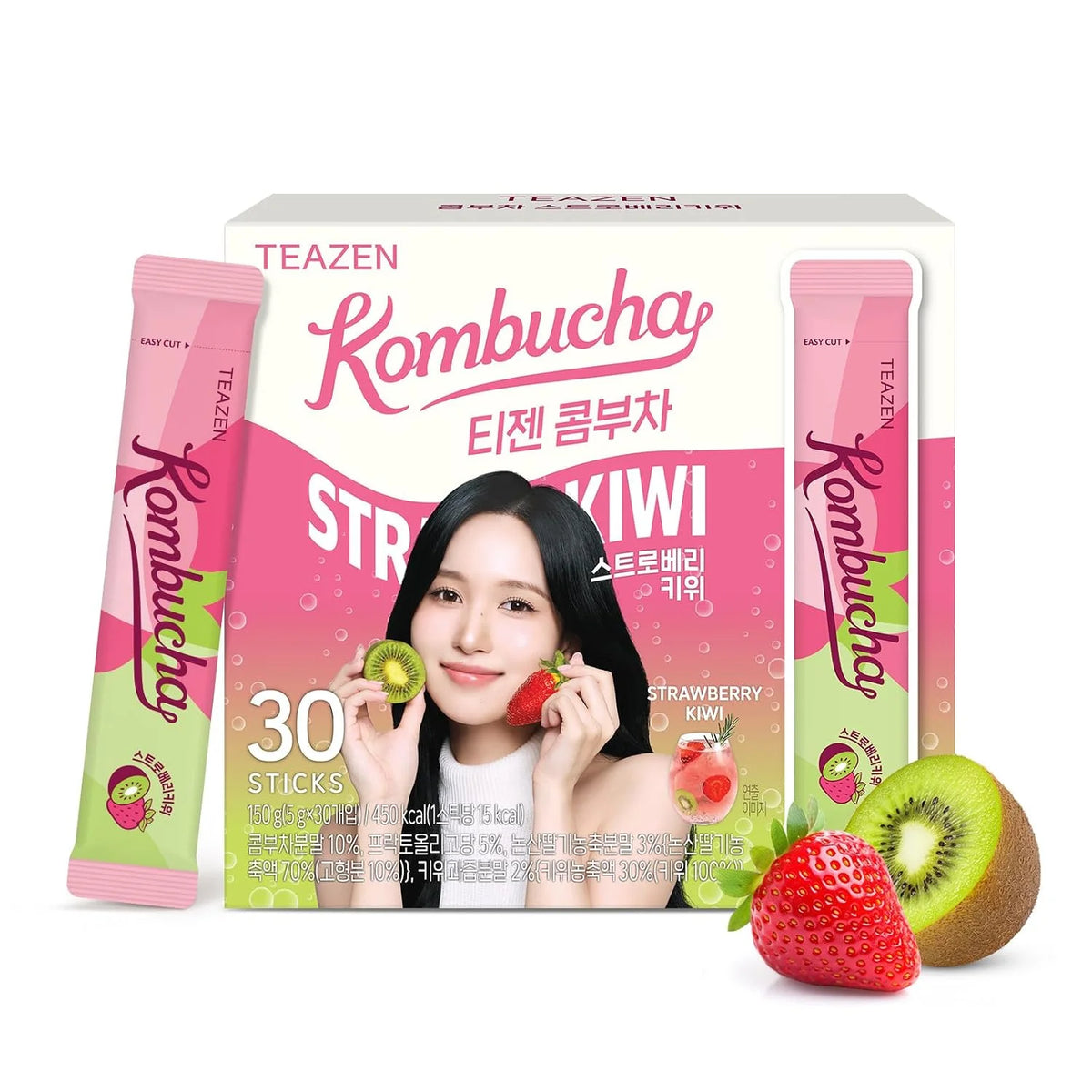 TEAZEN Strawberry Kiwi Kombucha Powder, Hydration Drink Mix, Sugar Free, Live Probiotics & Prebiotics, On-the-Go 30 Packets, 5.29oz