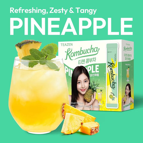 TEAZEN Pineapple Kombucha Powder, Hydration Drink Mix, Sugar Free, Live Probiotics & Prebiotics, On-the-Go 30 Packets, 5.29oz