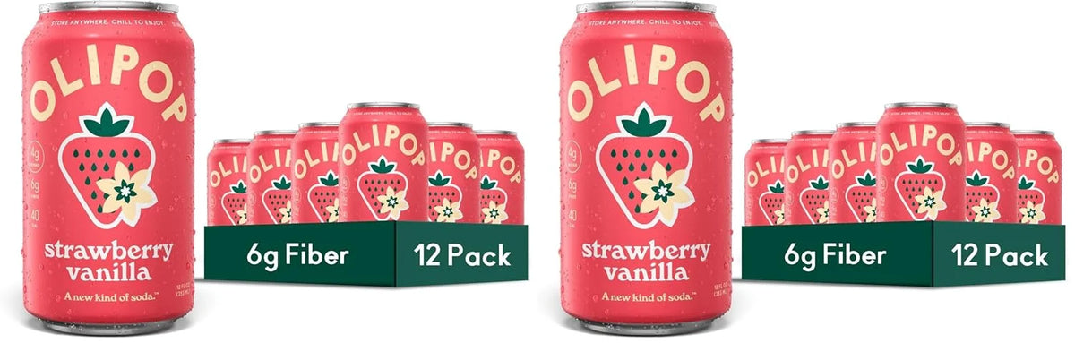 OLIPOP Prebiotic Soda Pop,Strawberry Vanilla,Pantry Pack Packed with Prebiotics,Fiber,and Botanicals,Gluten Free,Vegan,GMO Free,12oz,(Pack of 24)