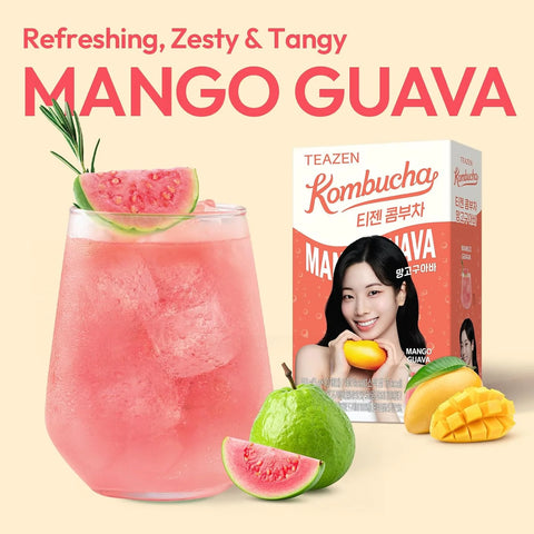 TEAZEN Mango Guava Kombucha Powder, Hydration Drink Mix, Sugar Free, Live Probiotics & Prebiotics, On-the-Go 10 Packets, 1.76oz