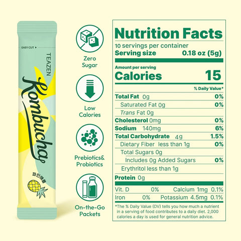 TEAZEN Pineapple Kombucha Powder, Hydration Drink Mix, Sugar Free, Live Probiotics & Prebiotics, On-the-Go 10 Packets, 1.76oz