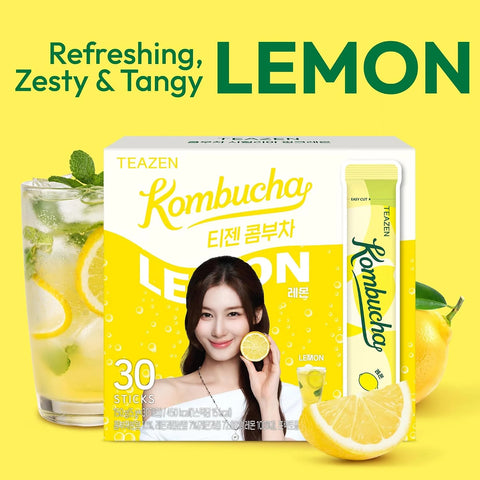 TEAZEN Lemon Kombucha Powder, Hydration Drink Mix, Sugar Free, Live Probiotics & Prebiotics, On-the-Go 30 Packets, 5.29oz