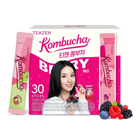 TEAZEN Berry Kombucha Tea, Hydration Drink Mix, Sugar Free, Live Probiotics & Prebiotics, 30 Sticks, 5.29oz