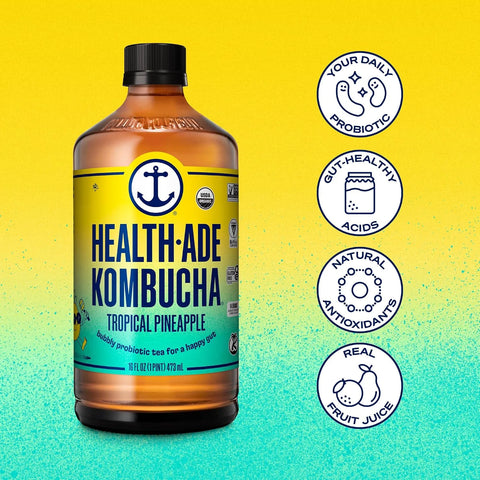 Health-Ade Kombucha Tea Organic Drink, Fermented Tea with Living Probiotics, Detoxifying Acids, Supports Gut Health, Non-GMO, Vegan, Gluten Free, 12 Pack (16 Fl Oz Bottles), Tropical Punch
