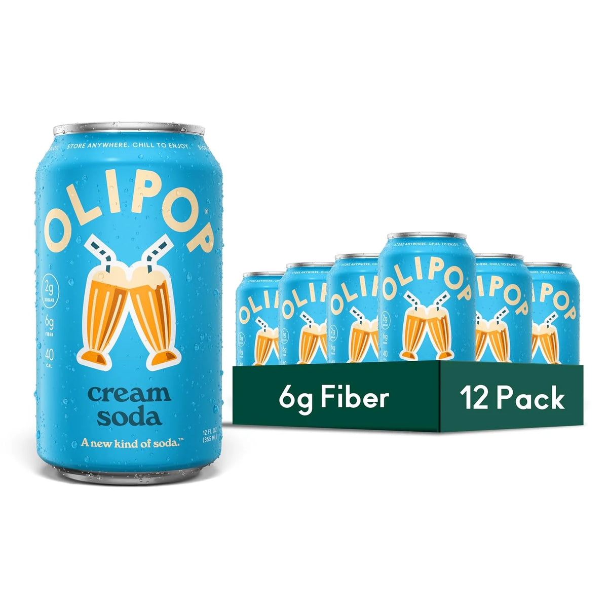 OLIPOP 6g Fiber Prebiotic Soda, Cream Soda, 12 fl oz, 12 Pack