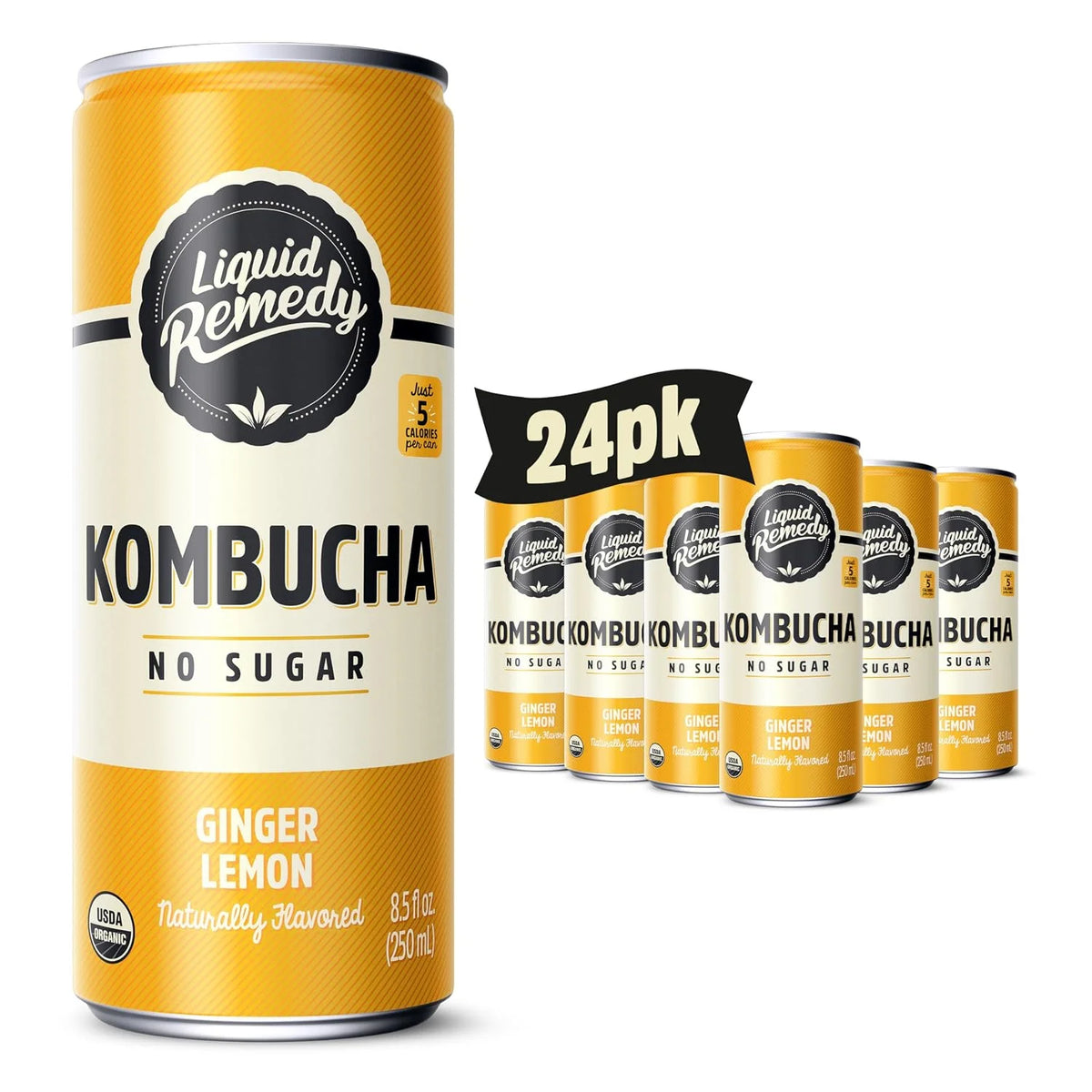 Liquid Remedy Kombucha Sugar Free Organic Drink, Low Calorie, Probiotic Like Tea for Gut Health - Ginger Lemon - 8.5 Fl Oz Can, 24-Pack