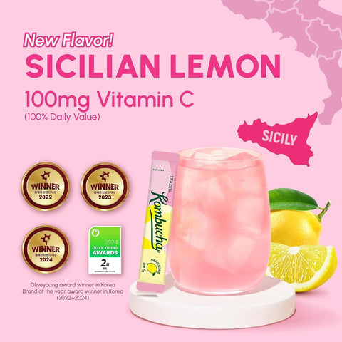 TEAZEN Sicily Pink Lemon Kombucha Powder, Hydration Drink Mix, Sugar Free, Live Probiotics & Prebiotics, On-the-Go 10 Packets, 1.76oz
