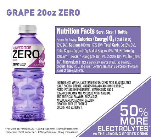 POWERADE Electrolyte Enhanced Zero Sugar Grape Sports Drink, 20 Ounce (Pack of 8)
