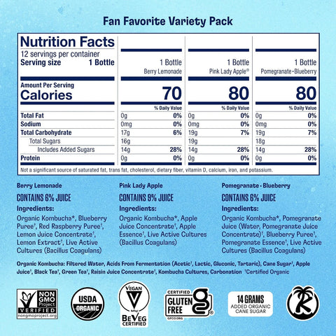 Health-Ade Fan Favorite Variety Pack Kombucha Tea, Organic Drink with Living Probiotics, Detoxifying Acids, Supports Gut Health, Non-GMO, Vegan, Gluten Free, 12 Pack (16 Fl Oz Bottles)
