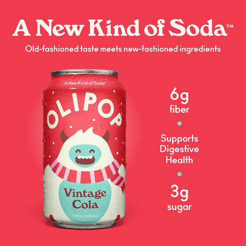 OLIPOP Prebiotic Soda Pop, Vintage Cola, Pantry Pack Packed with Prebiotics, Fiber, and Botanicals, Gluten Free, Vegan, GMO Free, 12oz, (Pack of 24)