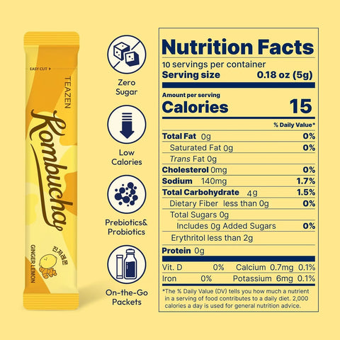 TEAZEN Lemon Ginger Hot Kombucha Tea, Spice Tea, Live Probiotics & Postbiotics, Relaxation and Warmth for Colds and Sore Throat, Hydration Drink Mix, Sugar Free, On-the-Go 10 Packets, 1.76oz