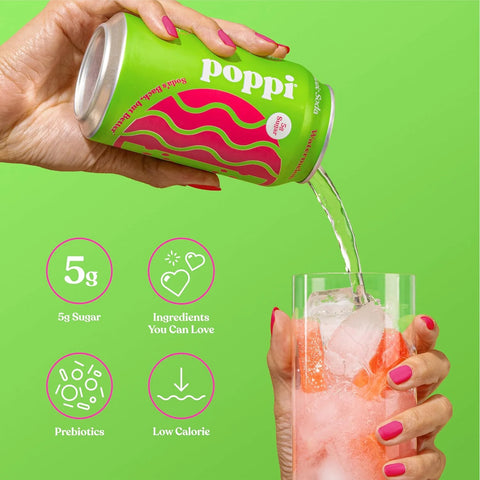 Poppi Sparkling Prebiotic Soda Beverage with Apple Cider Vinegar, Seltzer Water and Fruit Juice, Watermelon Flavor, 12 Fl Oz, 1 Count, Packaging May Vary (Pack of 6)