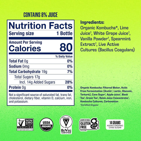 Health-Ade Kombucha Tea Organic Drink, Fermented Tea with Living Probiotics, Detoxifying Acids, Supports Gut Health, Non-GMO, Vegan, Gluten Free, 12 Pack (16 Fl Oz Bottles), Mint Limeade