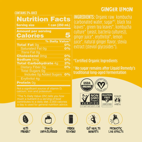 Liquid Remedy Kombucha Sugar Free Organic Drink, Low Calorie, Probiotic Like Tea for Gut Health - Ginger Lemon - 8.5 Fl Oz Can, 24-Pack