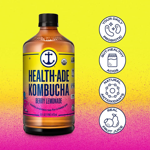 Health-Ade Kombucha Tea Organic Drink, Fermented Tea with Living Probiotics, Detoxifying Acids, Supports Gut Health, Non-GMO, Vegan, Gluten Free, 12 Pack (16 Fl Oz Bottles), Berry Lemonade