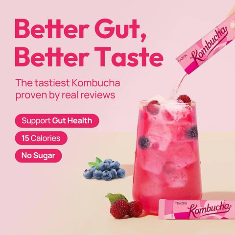 TEAZEN Berry Kombucha Powder, Hydration Drink Mix, Sugar Free, Live Probiotics & Prebiotics, On-the-Go 10 Packets, 1.76oz