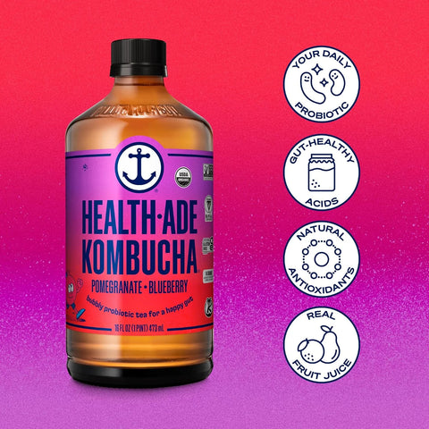 Health-Ade Kombucha Tea Organic Drink, Fermented Tea with Living Probiotics, Detoxifying Acids, Supports Gut Health, Non-GMO, Vegan, Gluten Free, 12 Pack (16 Fl Oz Bottles), Pomegranate Blueberry