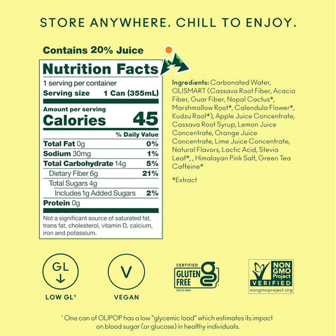 OLIPOP 6g Fiber Prebiotic Soda, Citrus Rush, 12 fl oz, 12 Pack