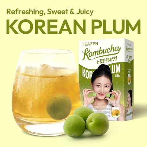 TEAZEN Kombucha Powder, Korean Plum Flavor, Zero Sugar, Sparkling Fermented Powdered Mix Beverage from Korea, Live Probiotics & Prebiotics, On-the-Go 10 Packets, 1.76oz