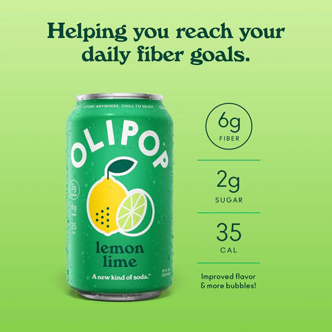 OLIPOP 6g Fiber Prebiotic Soda, Lemon Lime, 12 fl oz, 12 Pack