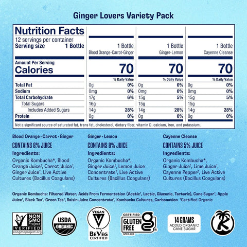 Health-Ade Kombucha Tea Organic Drink, Fermented Tea with Living Probiotics, Detoxifying Acids, Supports Gut Health, Non-GMO, Vegan, Gluten Free, 12 Pack (16 Fl Oz Bottles), Ginger Lovers Variety Pack