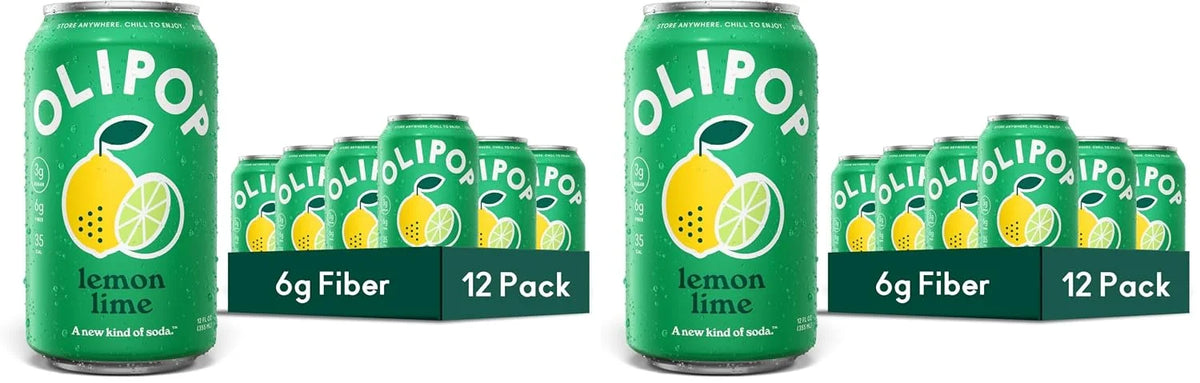 OLIPOP Prebiotic Soda Pop,Lemon Lime,Pantry Pack Packed with Prebiotics,Fiber,and Botanicals,Gluten Free,Vegan,GMO Free,12oz,(Pack of 24)