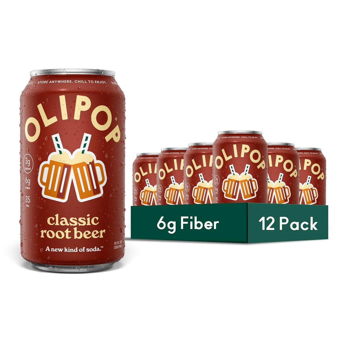 OLIPOP 6g Fiber Prebiotic Soda, Classic Root Beer, 12 fl oz, 12 Pack