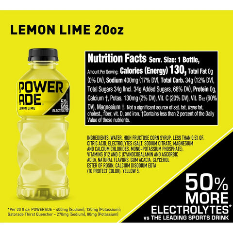 POWERADE Sports Drink, Lemon Lime Electrolyte Drink, 20 Oz (8 Pk)
