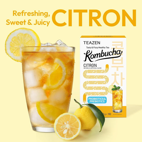 TEAZEN Citron Kombucha Tea, Hydration Drink Mix, Sugar Free, Live Probiotics & Prebiotics, 10 Sticks, 1.76oz